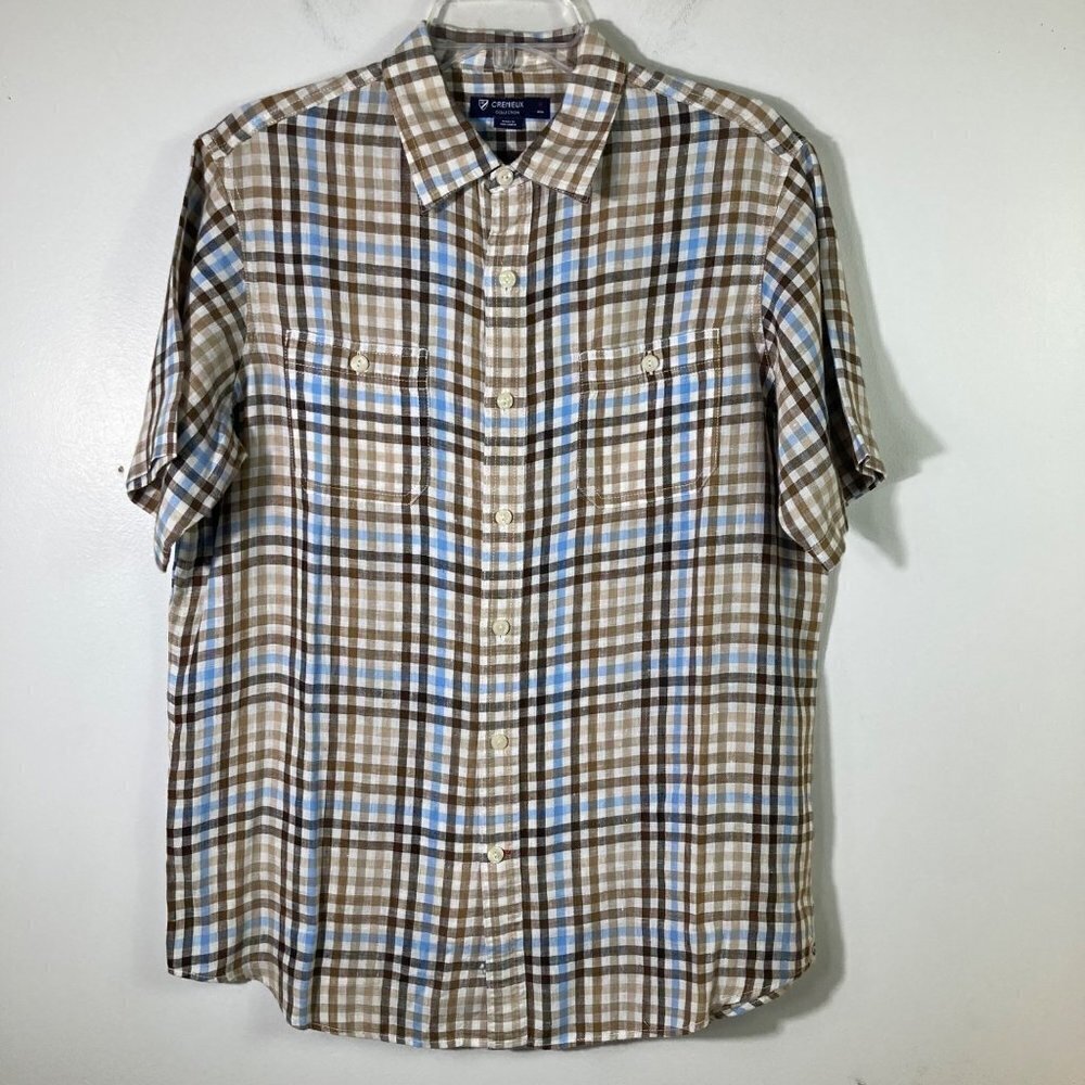 Mens Cremieux Collection Linen Button Gingham Shirt Short Sleeve‎ M
